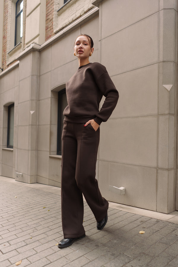 Шоколадний костюм з Світшотом і брюками палаццо