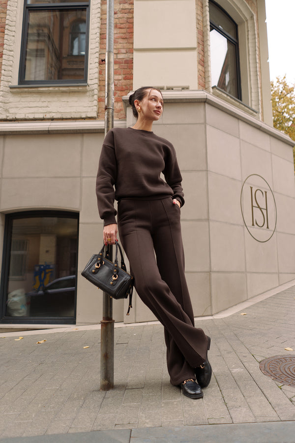 Шоколадний костюм з Світшотом і брюками палаццо