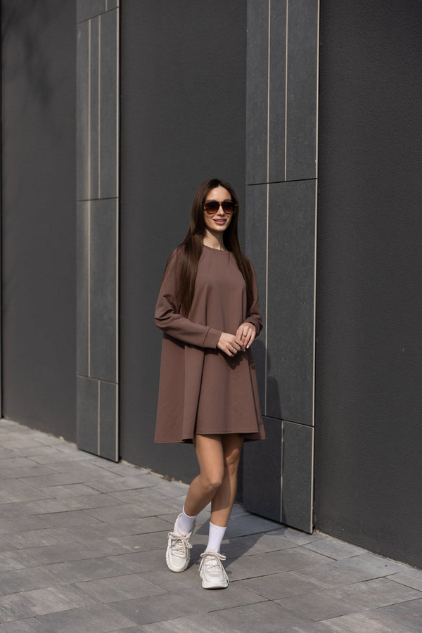 Шоколадна сукня міні Sofi з довгим рукавом